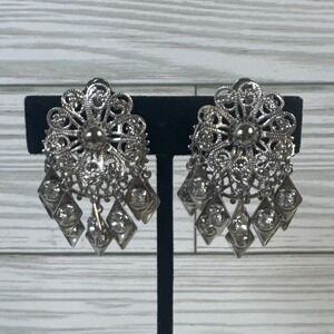 Rhinestone Silver Tone Filigree Clip On Earrings Dangle Water Fall Vintage Glam